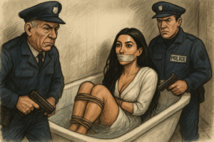Eine Karikatur, die Kim Kardashian in einer Badewanne zeigt. Um sie herum stehen zwei Männer mit Waffen, die als Polizisten verkleidet sind. Die Sängerin selbst ist verkleidet. Der Mund ist zugebunden.