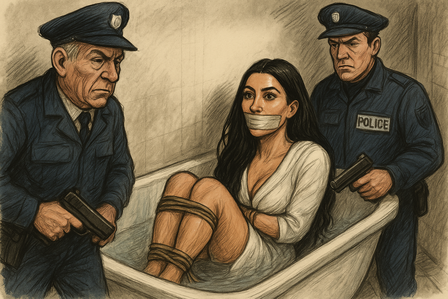 Eine Karikatur, die Kim Kardashian in einer Badewanne zeigt. Um sie herum stehen zwei Männer mit Waffen, die als Polizisten verkleidet sind. Die Sängerin selbst ist verkleidet. Der Mund ist zugebunden.