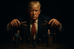 US-Präsident Trump als Puppenspieler. Unter ihm sind drei Puppen, die er steuert.