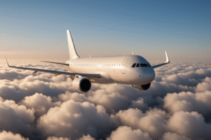 Ein Flugzeug fliegt über den Wolken.