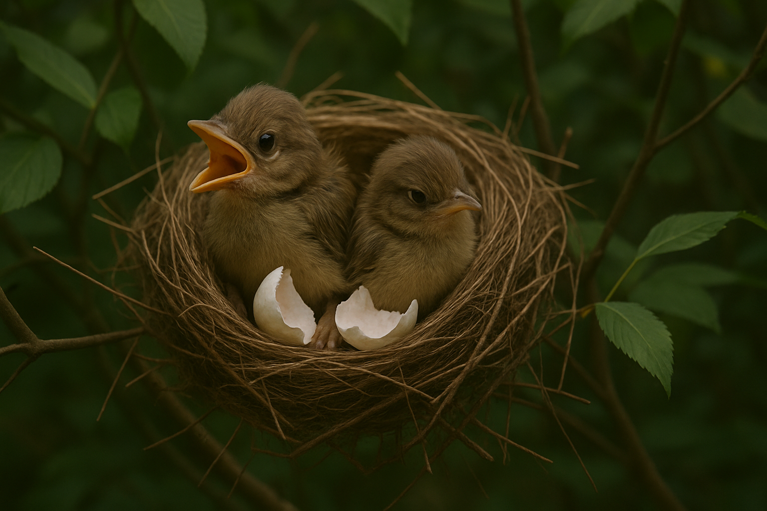 Zwei brauen Vögel sitzen in einem Nest. um sie herum liegen Eierschalen.