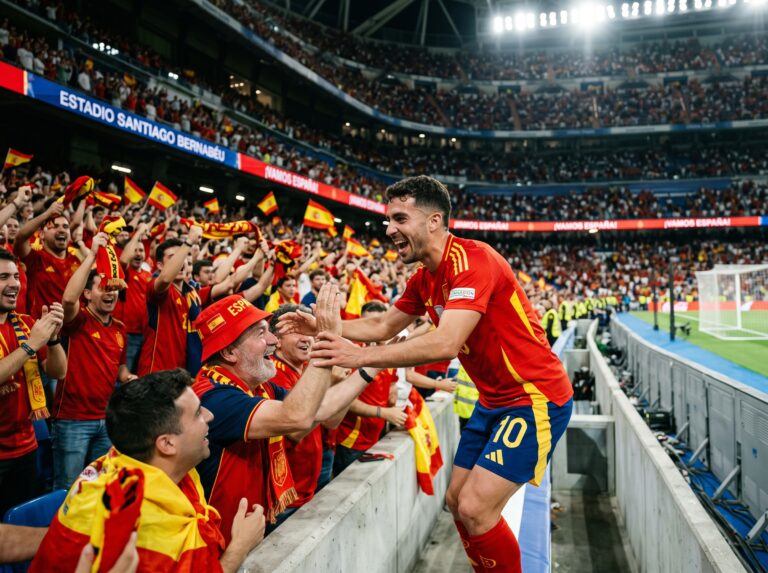 Ein spanischer Fußballspieler jubelt vor einer Menge an Fans.